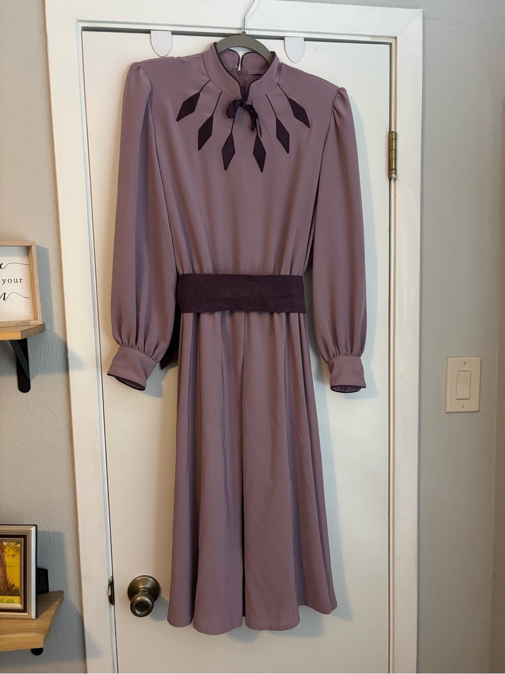 Vintage Mauve Midi Dress with Dark Mauve Waistband and Petal Neck Detail